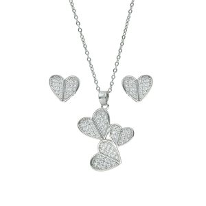 Juego Plateado Corazon Piedras Chapa de Oro y Acero BA1070