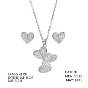 Juego Plateado Corazon Piedras Chapa de Oro y Acero BA1070