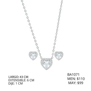 Juego Plateado Corazon Piedras Chapa de Oro y Acero BA1071