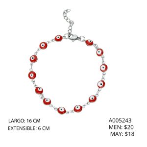 Pulsera Ojo Turco Rojo Plateada Acero Inoxidable A005243