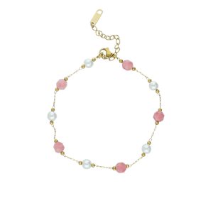 Tobillera Piedras Rosas Perlas Acero Inoxidable A005282