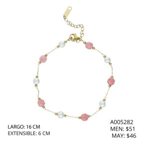 Tobillera Piedras Rosas Perlas Acero Inoxidable A005282
