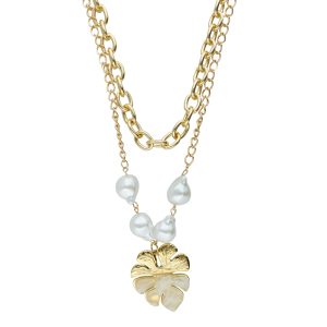 Collar Dorado con perla y hoja de Chapa de Oro y Acero BA1104