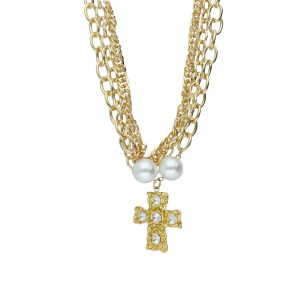 Collar Dorado con Perla y Cruz de Chapa de Oro con Acero BA1105