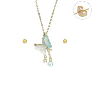 Juego Dorado Mariposa Perla Chapa de Oro y Acero BA1106