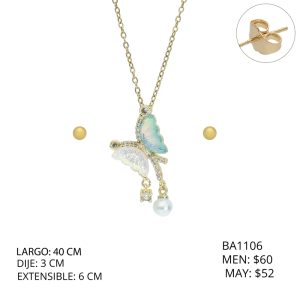 Juego Dorado Mariposa Perla Chapa de Oro y Acero BA1106
