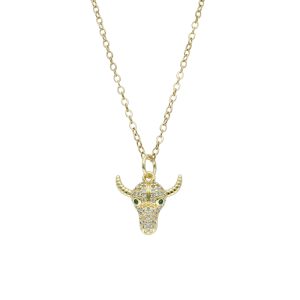 Collar Dorado Cabeza de Toro Piedras Chapa de Oro y Acero BA1108