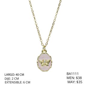 Collar Dorado Mariposa Rosa Chapa de Oro y Acero BA1111
