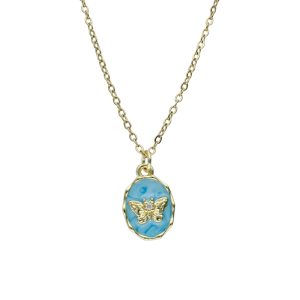 Collar Dorado Mariposa Azul Chapa de Oro y Acero BA1112