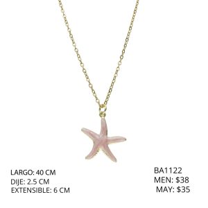 Collar Dorado Estrella de Mar Rosa Chapa de Oro y Acero BA1122