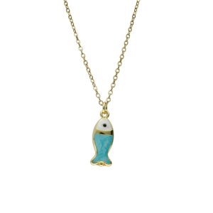 Collar Dorado Pez Azul Chapa de Oro y Acero BA1123