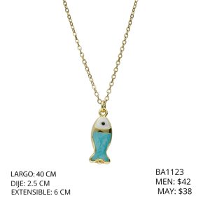 Collar Dorado Pez Azul Chapa de Oro y Acero BA1123