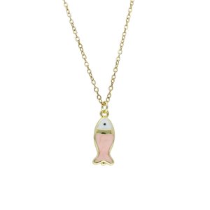 Collar Dorado Pez Rosa Chapa de Oro y Acero BA1124