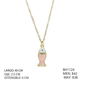 Collar Dorado Pez Rosa Chapa de Oro y Acero BA1124