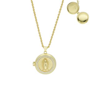 Collar Chapa de Oro Relicario Redondo Virgen Piedras BO4064