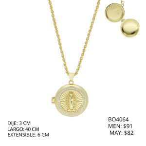 Collar Chapa de Oro Relicario Redondo Virgen Piedras BO4064