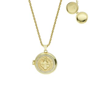 Collar Chapa de Oro Relicario Redondo San Benito Piedras BO4065