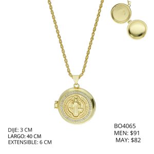 Collar Chapa de Oro Relicario Redondo San Benito Piedras BO4065