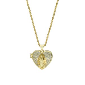 Collar Chapa de Oro Relicario Corazon Virgen Piedras BO4066