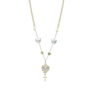 Collar Dorado Corazon Perla Piedra Cruz Chapa de Oro BO4214
