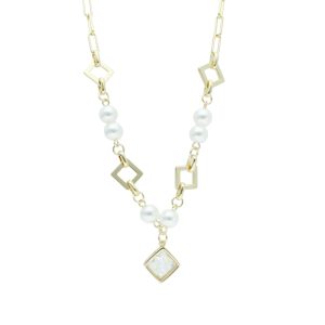 Collar Dorado Perlas Cuadrados Piedra Chapa de Oro BO4215