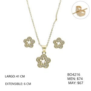 Juego Dorado Flor Piedras Chapa de Oro BO4216