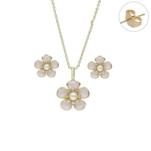 Juego Dorado Flor Rosa Perla Chapa de Oro BO4225