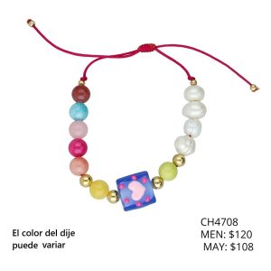 Pulsera Perlas Piedras Colores Corazon Chapa de Oro CH4708