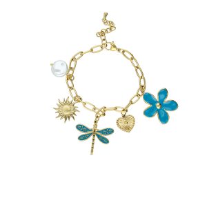 Pulsera Flor, Corazon, Libelula, Sol, Perla Acero Inoxidable A005295