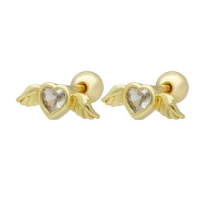 Arete Dorado Corazon con Alas y Piedra Chapa de Oro BO4112