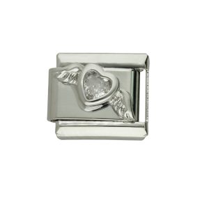 Charm de Corazon, Alas, Cristal Plateado de Acero Inoxidable A005583