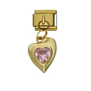 Charm de Corazon Piedra Rosa Dorado de Chapa de Oro y Acero BA1196