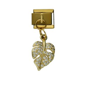 Charm de  Hoja Piedras Dorado de Chapa de Oro y Acero BA1197