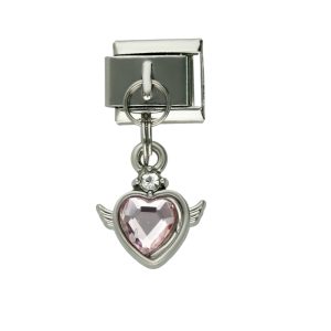 Charm de Corazon Alas Piedra Rosa Plateado de Chapa de Oro y Acero BA1202