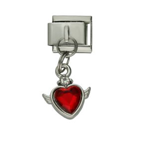 Charm de Corazon Alas Piedra Roja Plateado de Chapa de Oro y Acero BA1203