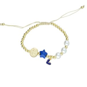 Pulsera Perla, Corazon, Estrella y San Benito Baño de Oro BO4374