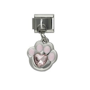 Charm de Huella Rosa Cristal Corazon Plateado de Chapa de Oro y Acero BA1382