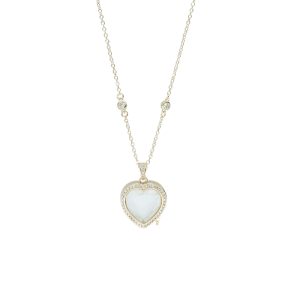 Collar Relicario Cadena con Cristales, Dije de Corazon con Circonia de Chapa de Oro BO4746
